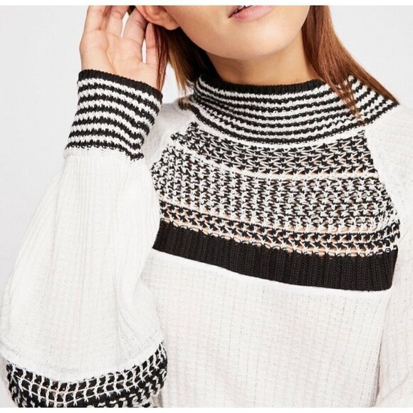 Free People Sz XS Balloon Sleeve Thermal Tank Top White Black Crochet Mock Neck - Picture 7 of 16